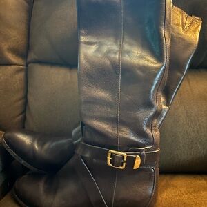 Dark Brown Leather Knee-High Boots with Gold Buckle